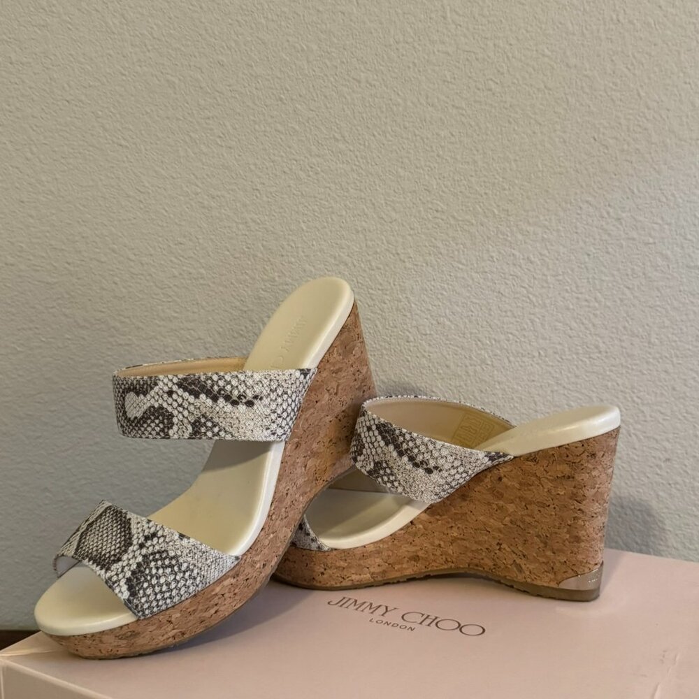 Jimmy Choo Leopard/Suede/Mirror Open Toe Wedge